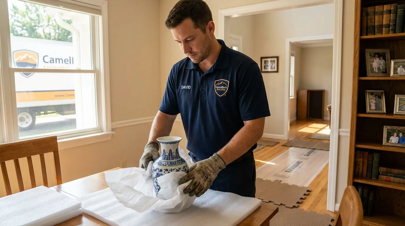 Professional crew carefully wrapping antique vase for senior downsizing move in Wartburg, TN